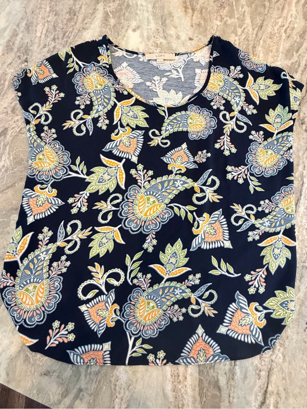 LOFT Navy Floral Paisley Blouse Medium Short Sleeve Lightweight Top